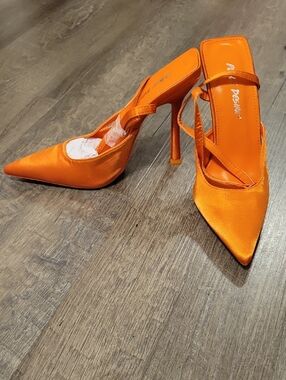 Public Desire Orange Satin Pointed-Toe Stiletto Mules